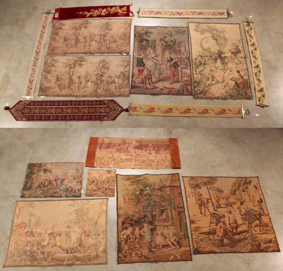 MISCELLANEOUS 16 PIECE LOT OF TEXTILES: MISCELLANEOUS 16 PIECE LOT OF TEXTILES INCLUDING BELL PULLS AND TAPESTRIES CONSISTING OF 4 NEEDLEPOINT BELL PULLS, 1 HAND EMBROIDERED BELL PULL, 1 RED FABRIC BELL PULL, AND 10 BELGUIM TAPESTRIES