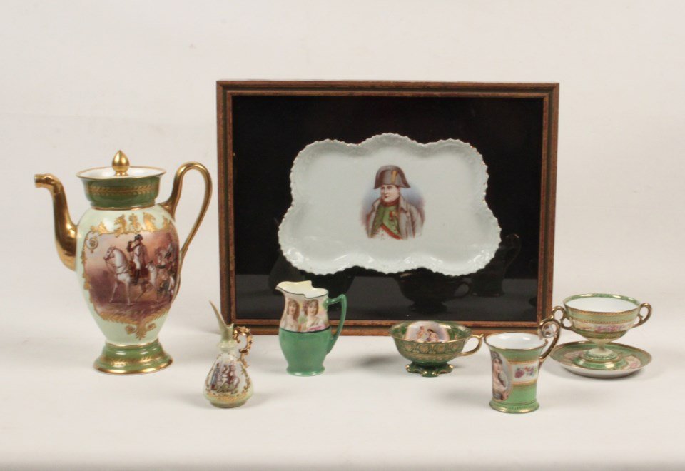 8 PIECE MISCELLANEOUS LOT OF PORCELAIN: 8 PIECE MISCELLANEOUS LOT CONSISTING OF A 7 PIECE GREEN GROUND PORCELAIN TEA SERVICE (ASSOCIATED), TEA POT ON REVERSE MARKED WITH SEVRES MARK AND ALSO READING "MUSEE DE VERSAILLES; ATAILLE DE WAGRAM F