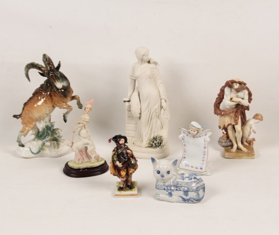 MISCELLANEOUS 7 PIECE LOT OF PORCELAIN, PARIAN, AND: MISCELLANEOUS 7 PIECE LOT CONSISTING OF A CONTINENTAL PORCELAIN RAM, A PARIAN FIGURE (A/F), A GERMAN PORCELAIN FIGURE OF ELDER ATTENDED BY PUTTI (LOSSES), A CAVALIER, PORCELAIN CUPID NOTE REMINDER, 2 
