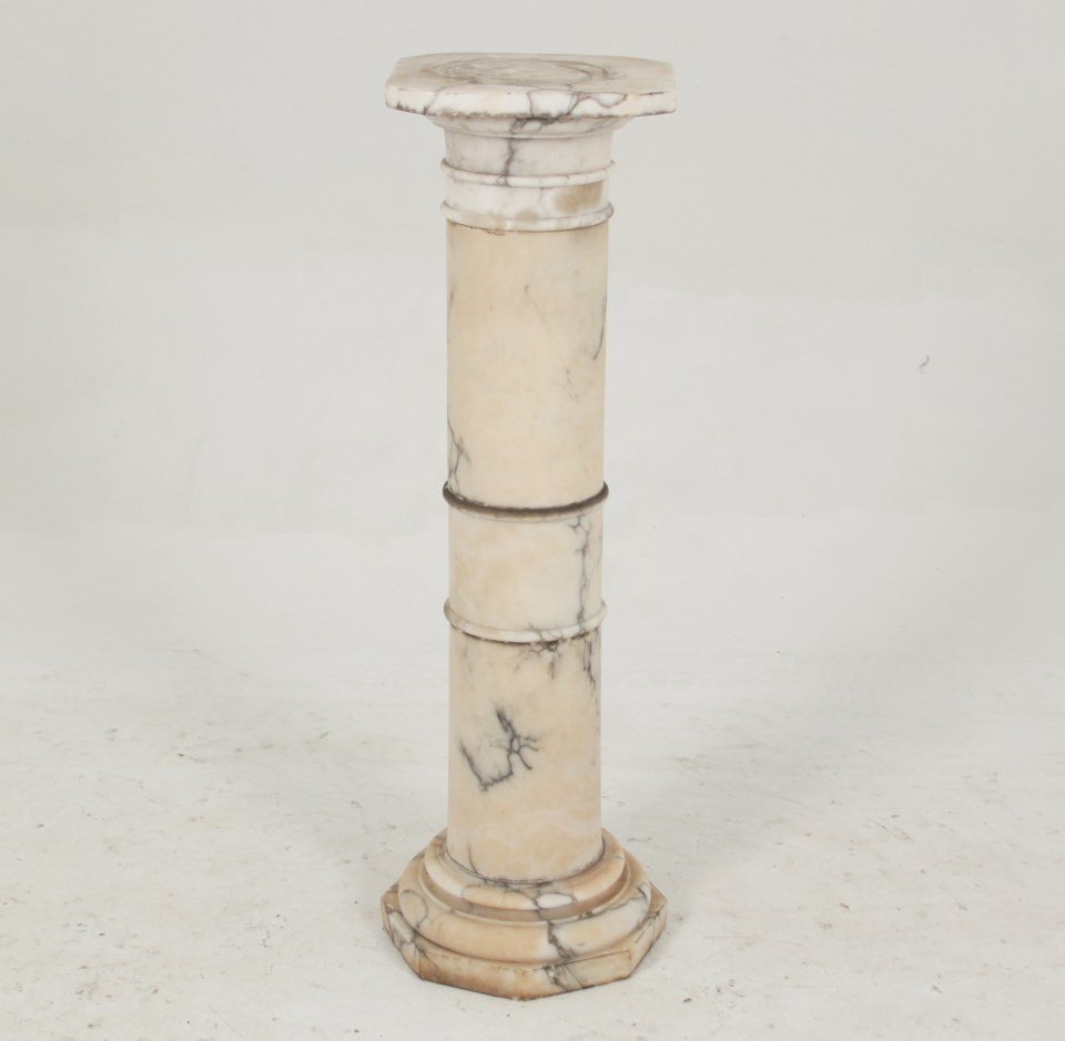 ANTIQUE CONTINENTAL MARBLE PEDESTAL: ANTIQUE CONTINENTAL MARBLE PEDESTAL WITH OCTAGON SHAPED BASE; 42"H X 12"W X 12"D