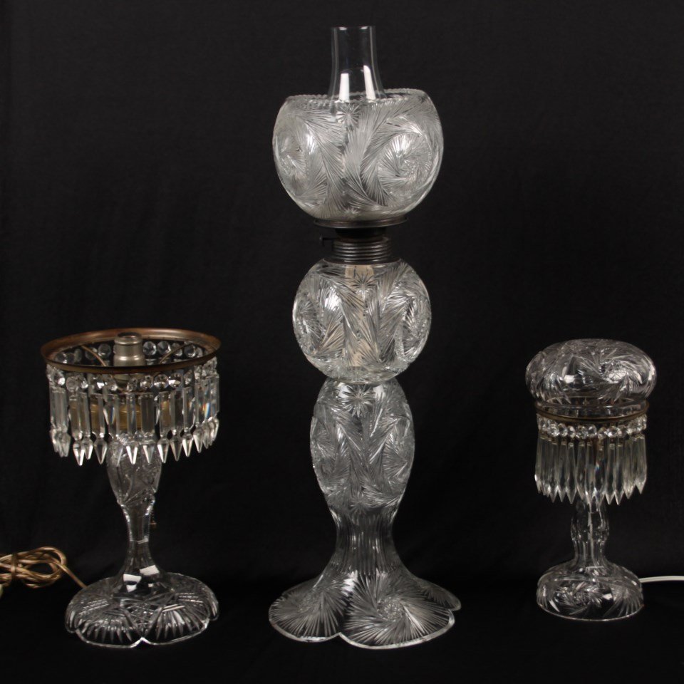 3 MISCELLANEOUS CUT GLASS LAMPS: 3 MISCELLANEOUS CUT GLASS LAMPS, ONE MISSING SHADE; 25"H TALLEST