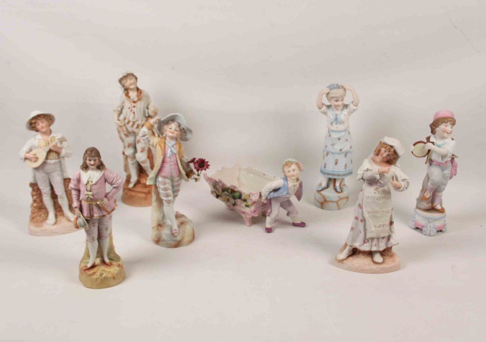 GROUP OF 8 FRENCH BISQUE PORCELAIN FIGURES: GROUP OF 8 FRENCH BISQUE PORCELAIN FIGURES; 15"H TALLEST