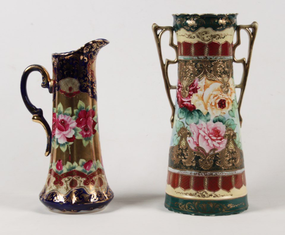 2 PIECE LOT OF HAND PAINTED PORCELAIN: 2 PIECE LOT OF HAND PAINTED PORCELAIN INCLUDING A 15.5"H HAND PAINTED AND GOLD EMBOSSED FLORAL DECORATED PORCELAIN PITCHER MARKED ON THE REVERSE ROYAL KINRAN NIPPON WITH CROWN, ALONG WITH A LARGE 18"H