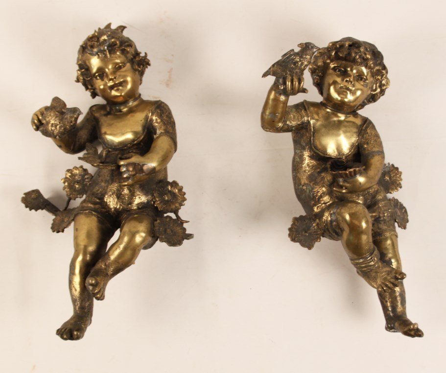 PAIR OF GILT METAL FIGURES OF CHILDREN WITH BIRDS AND: PAIR OF GILT METAL FIGURES OF CHILDREN WITH BIRDS AND FLOWERS MOUNTED AS APPLIQUES; CONDITION: AS FOUND