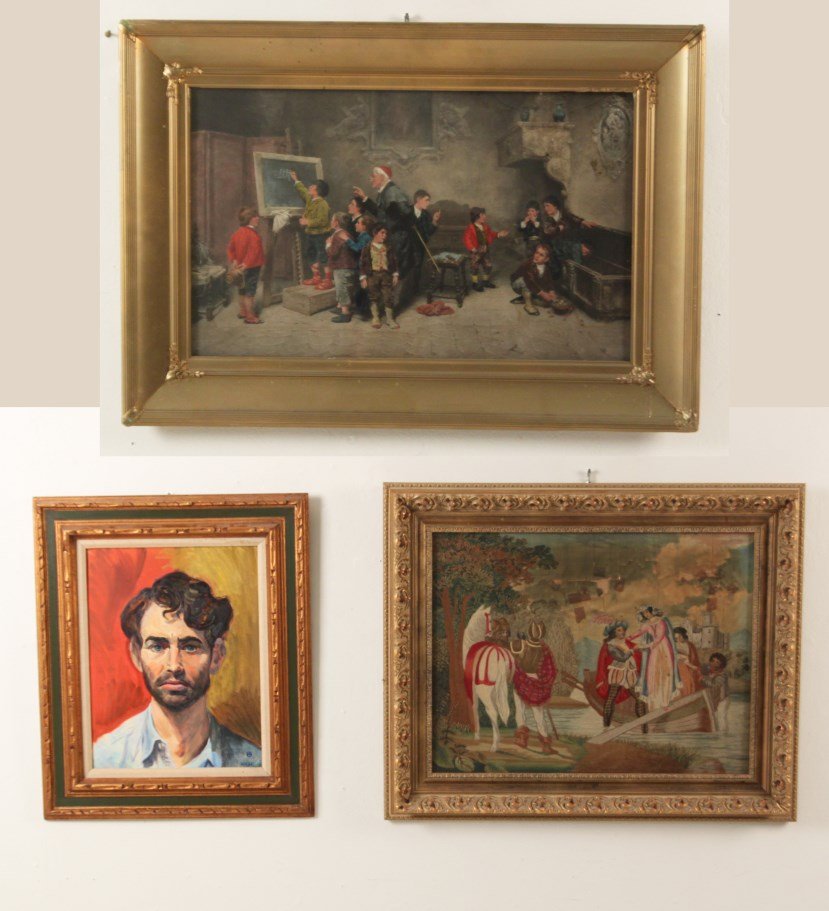 3 PIECE MISCELLANEOUS FRAMED WALL ART: 3 PIECE MISCELLANEOUS FRAMED WALL ART, CONSISTING OF AN OIL ON CANVAS PORTRAIT OF A MAN TITLED ON REVERSE "THE CANDY MAKER" AND SIGNED LOWER LEFT FEB 68, A FRAMED CREWEL WORK ON WHAT APPEARS TO BE SIL