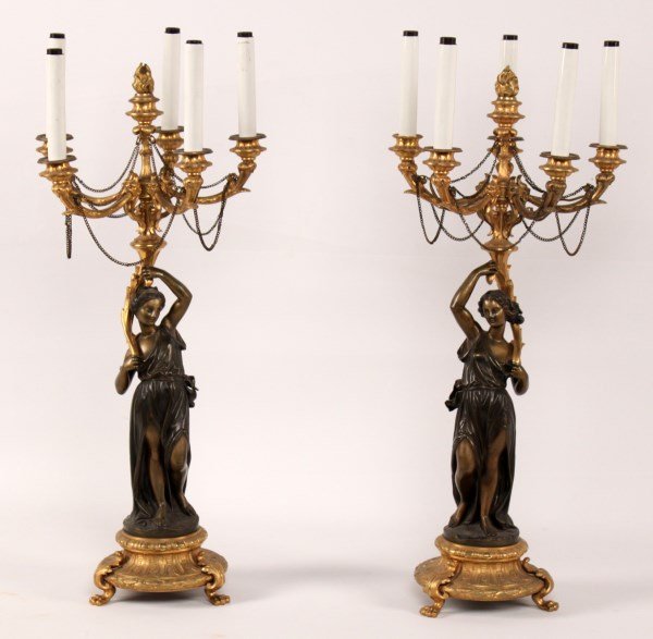PAIR OF GILT BRONZE AND DORE 5 LIGHT CANDELABRA: PAIR OF LOUIS XV STYLE GILT BRONZE AND DORE FIVE LIGHT FIGURAL CANDELABRA HAVING FLAME SNUFFER FINIAL; 27"H