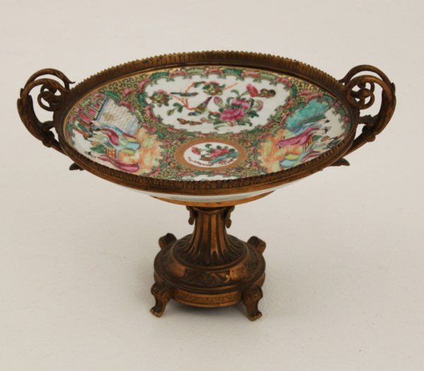 ROSE MEDALLION FRENCH BRONZE MOUNTED COMPOTE: ROSE MEDALLION FRENCH BRONZE MOUNTED COMPOTE; 8.5"H X 12.5"DIA