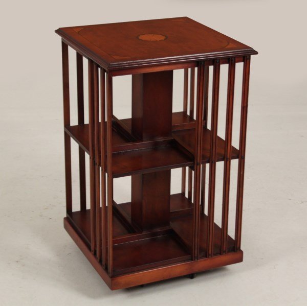 INLAID BURL YEWWOOD REVOLVING BOOKCASE: INLAID BURL YEWWOOD REVOLVING BOOKCASE; 32"H X 18.5"W X 18.5"D
