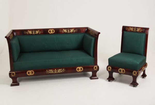 EMPIRE BRONZE MOUNTED MAHOGANY SETTEE AND CHAIR: EMPIRE BRONZE MOUNTED FIGURED MAHOGANY SETTEE AND SIDE CHAIR; 33"H X 61"W X 28"D SETTEE, CHAIR 21"W
