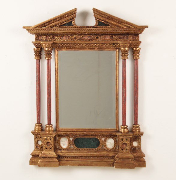 DECORATIVE GILT WOOD AND MARBLE TABERNACLE MIRROR: DECORATIVE GILT WOOD AND VARIGATED MARBLE TABERNACLE MIRROR; 31"H X 24"W