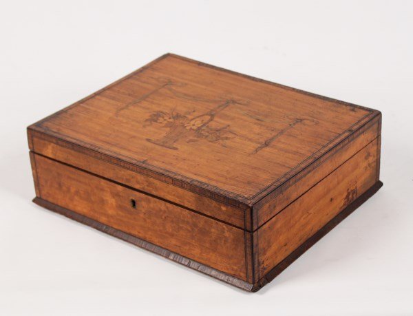 ENGLISH SATINWOOD INLAID JEWELRY BOX: ENGLISH SATINWOOD INLAID JEWELRY BOX, C. 1850; 4"H X 12"W X 9.75"D
