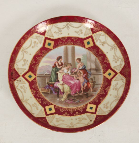 SIGNED ROYAL VIENNA STYLE 13" CHARGER: SIGNED ROYAL VIENNA STYLE 13" CHARGER HANDPAINTED HAVING 3 WOMEN ATTENDED BY CUPID IN CENTER RESERVE; 13"DIA.
