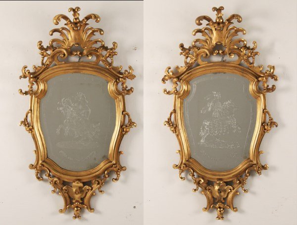 PAIR OF LATE 18TH C. ITALIAN GOLD LEAF MIRRORS: PAIR OF LATE 18TH C. ITALIAN GOLD LEAF MIRRORS HAVING ETCHED PLATES WITH FULLY COSTUMED WARRIORS ON HORSEBACK; 41.5"H X 22.5"W