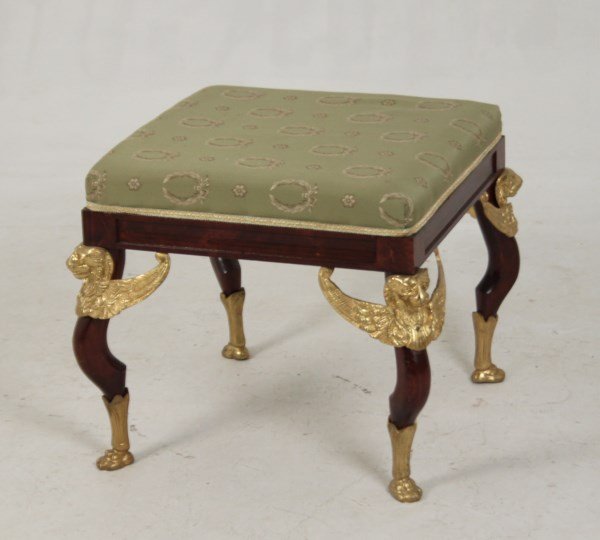 FRENCH EMPIRE STYLE GILT BRONZE MOUNTED TABOURET: FRENCH EMPIRE STYLE GILT BRONZE WINGED GRIFFIN MOUNTED MAHOGANY TABOURET; 19"H X 23"W X 23"D