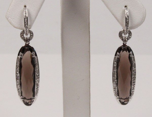 PAIR OF 14K DIAMOND AND SMOKY QUARTZ EARRINGS: PAIR OF 14K WHITE GOLD DIAMOND AND SMOKY QUARTZ EARRINGS HAVING 9.01 CTW SMOKY QUARTZ AND 0.39 CTW DIAMONDS