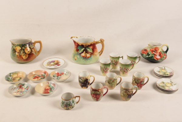 MISCELLANEOUS LOT OF 25 PIECES OF HAND PAINTED: MISCELLANEOUS LOT OF 25 PIECES OF HAND PAINTED FRENCH LIMOGES AND BAVARIAN PORCELAIN IN VARIOUS FRUIT PATTERNS CONSISTING OF 3 PITCHERS, LARGEST ARTIST SIGNED BY HANDLE, 6"H X 9"W X 6"D, 10 CANS, 6 SA