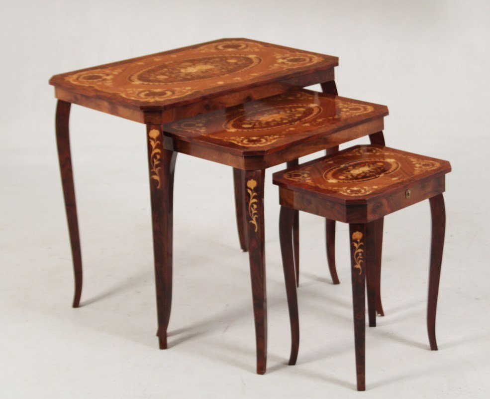 NEST OF 3 WALNUT AND MARQUETRY TABLES: NEST OF 3 FINE QUALITY WALNUT AND MARQUETRY TABLES, MADE IN ITALY; 24.5"H X 25.5"W X 18"D