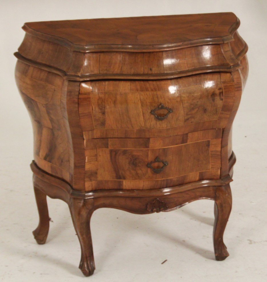 ITALIAN FIGURED OLIVEWOOD AND WALNUT BOMBE COMMODE: ITALIAN FIGURED OLIVEWOOD AND WALNUT BOMBE SHAPED 2 DRAWER COMMODE, 1ST PART 20TH C.; 29.5"H X 27"W X 15"D