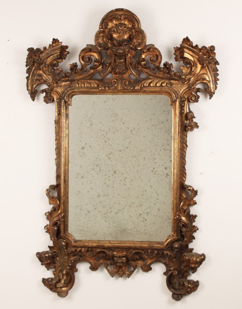 19TH C. ITALIAN RENAISSANCE CARVED GILTWOOD MIRROR: 19TH C. ITALIAN RENAISSANCE CARVED GILTWOOD MIRROR; 55"H X 36"W