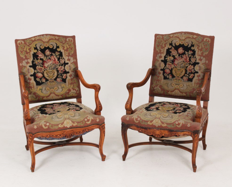 PAIR OF LOUIS XV STYLE NEEDLEPOINT FAUTEUILS: PAIR OF LOUIS XV STYLE FLORAL NEEDLEPOINT FAUTEUILS, LATE 19TH C.; 41"H X 26"W X 20"D