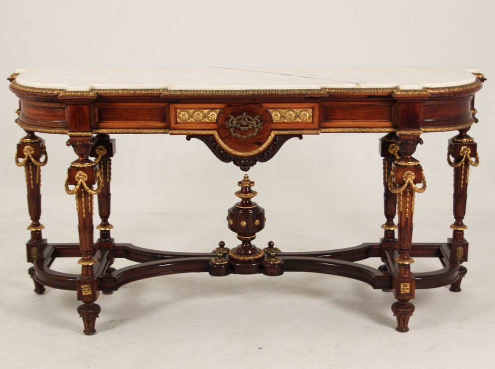 LOUIS XVI STYLE WALNUT BRONZE MOUNTED BUFFET: LOUIS XVI STYLE WALNUT GILT BRONZE MOUNTED BUFFET WITH MARBLE TOP; 38"H X 77"W X 24"D; CONDITION: MARBLE AS FOUND