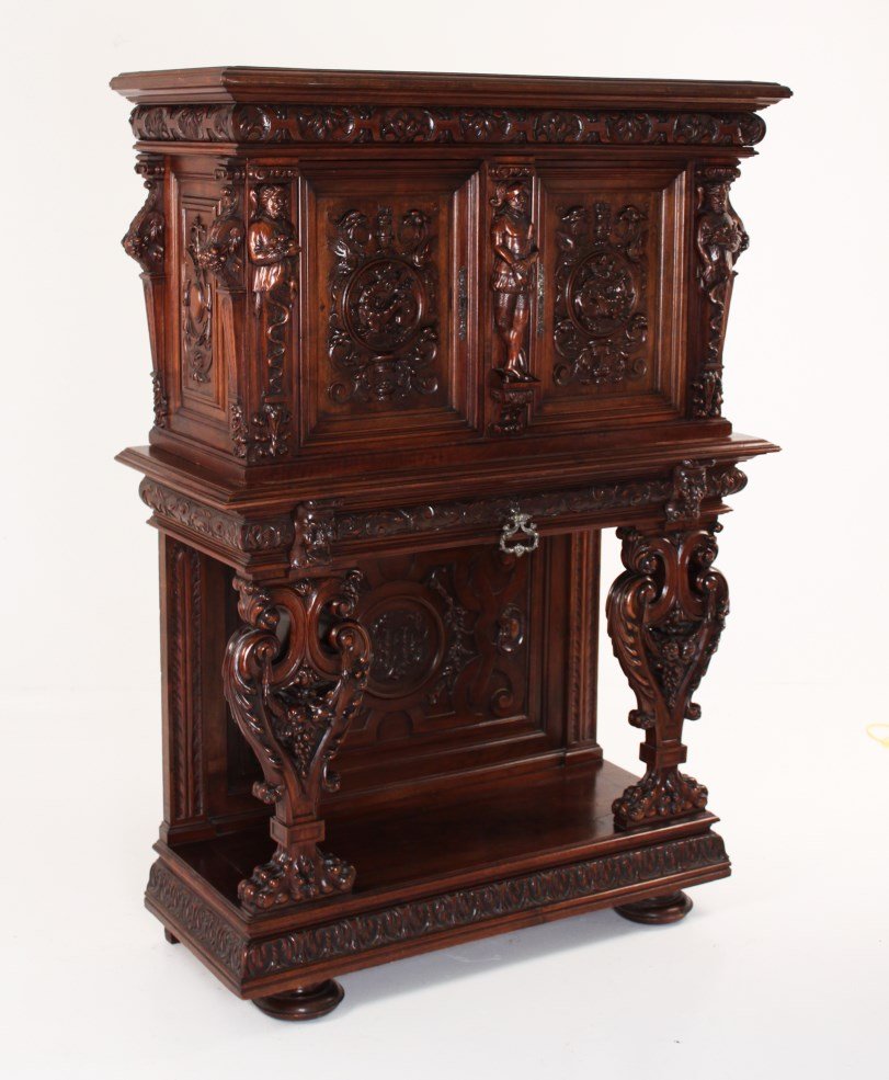 19TH C. FRENCH RENAISSANCE REVIVAL CABINET ON STAND: 19TH C. FINELY CARVED FRENCH WALNUT RENASSANCE REVIVAL CABINET ON STAND; 64"H X 45"W X 19"D