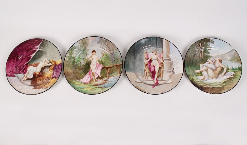 SET OF 4 FRENCH FAIENCE CHARGERS: SET OF 4 FRENCH FAIENCE CHARGERS DEPICTING PARTIALLY NUDE FIGURES, IMPRESSED MARK ON REVERSE READING H.R.CIE CHOISY; 14.25"DIA.