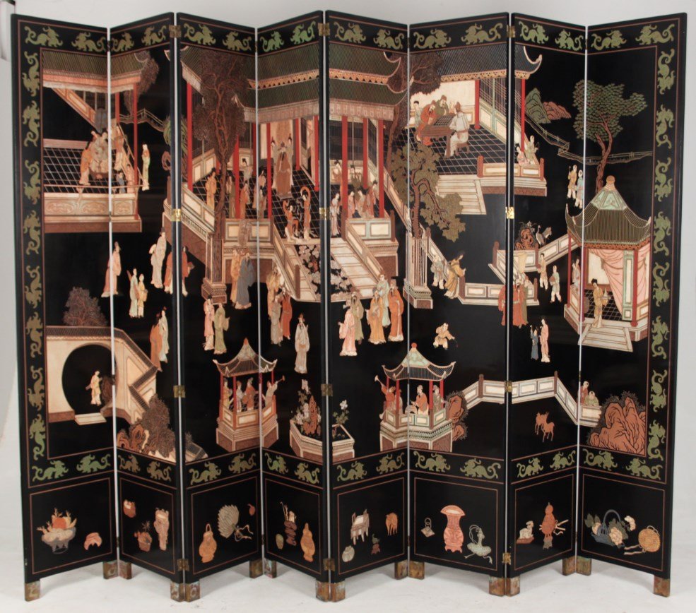 8 PANEL ORIENTAL BLACK LACQUERED COROMANDEL SCREEN: 8 PANEL ORIENTAL BLACK LACQUERED COROMANDEL FOLDING SCREEN; 8'H X 12'W. EACH PANEL 18"W