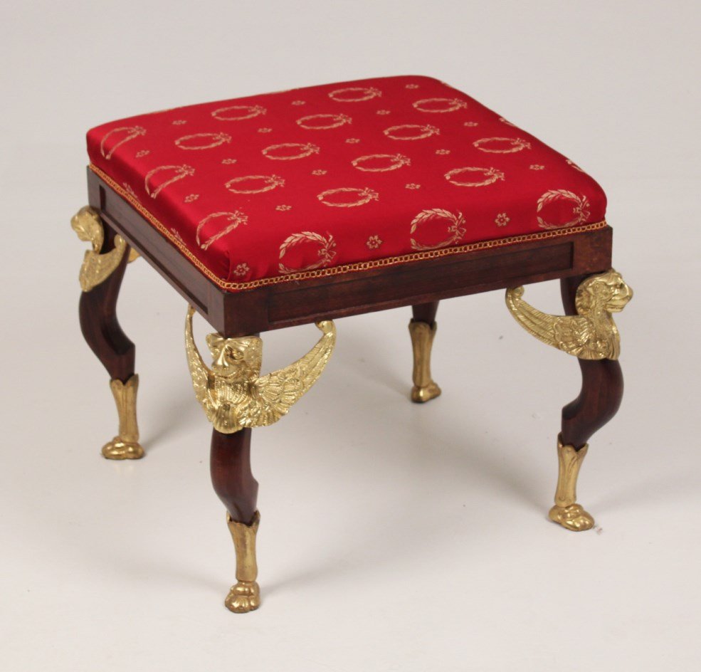 FRENCH EMPIRE STYLE TABOURET: FRENCH EMPIRE STYLE GILT BRONZE AND MAHOGANY TABOURET; 19"H X 20"W X 20.5"D