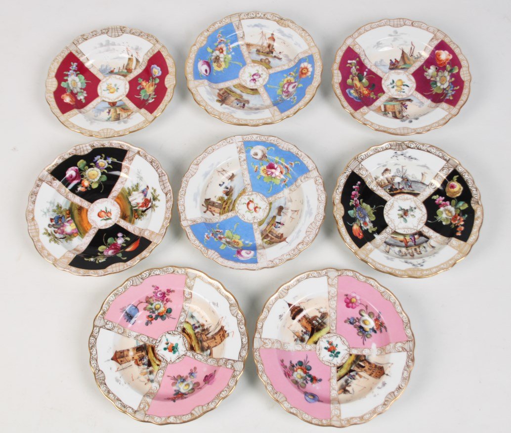 SET OF 8 GERMAN PORCELAIN PLATES: SET OF 8 GERMAN PORCELAIN PLATES WITH HANDPAINTED QUATREFOIL VIGNETTES, MARKED "AR" (AUGUSTUS REX) ON THE REVERSE; 7.75"DIA.