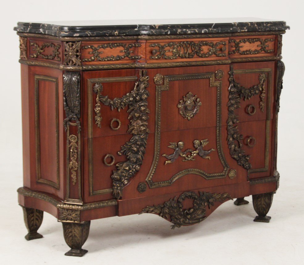 PAIR OF FRENCH LOUIS XVI STYLE MARBLE TOP COMMODES: PAIR OF HEAVILY BRONZE MOUNTED FRENCH LOUIS XVI STYLE MARBLE TOP COMMODES HAVING ONE SMALL DRAWER OVER TWO LARGER DRAWERS; 38.75"H X 51.5"W X 17"D; ONE MARBLE TOP REPAIRED