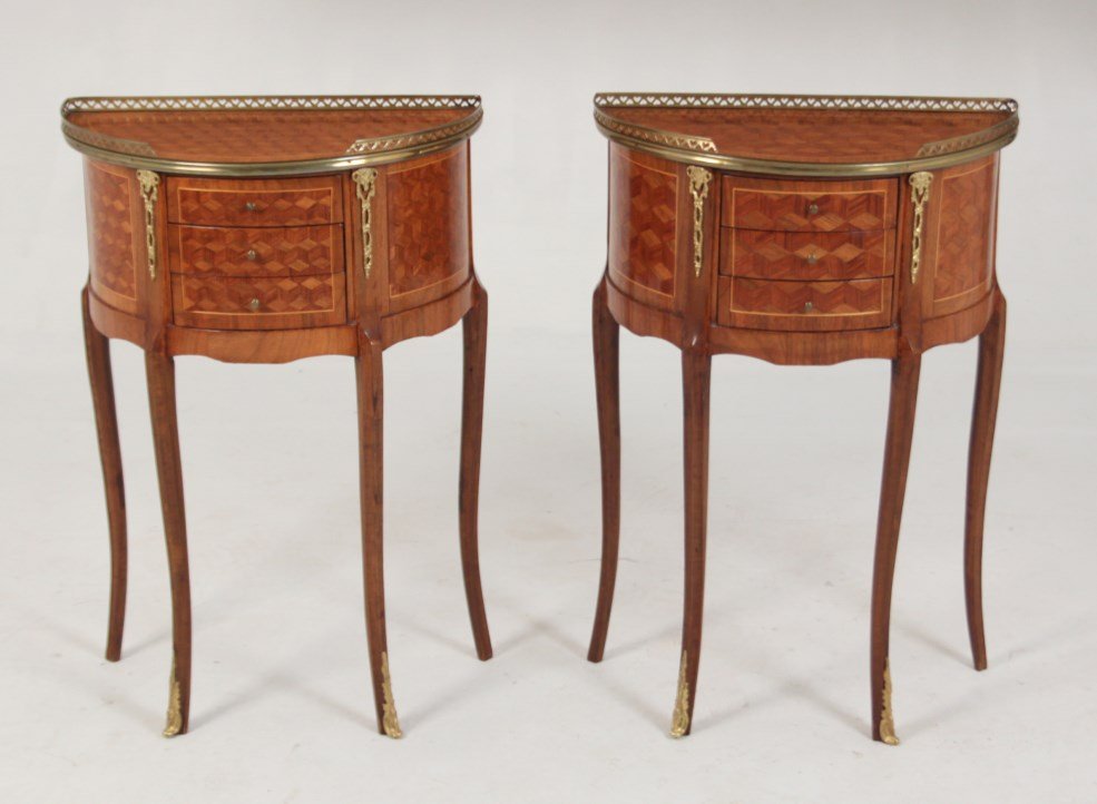 PAIR OF PETITE LOUIS XV STYLE STANDS: PAIR OF PETITE LOUIS XV STYLE DEMI-LUNE 3 DRAWER STANDS WITH PARQUETRY INLAY; 28"H X 19"W X 10"D
