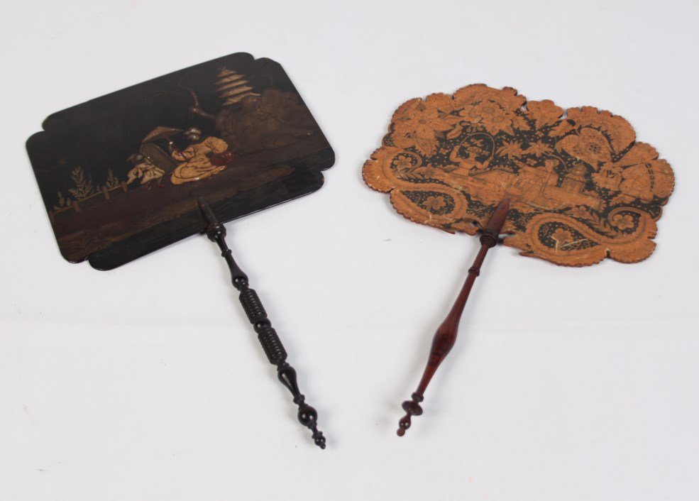 GROUP OF 2 ORIENTAL FANS: GROUP OF 2 ORIENTAL FANS, ON BLACK AND GOLD LACQUERED, THE OTHER FINE PENWORK; 15.5"H X 9"W LACQUERED FAN