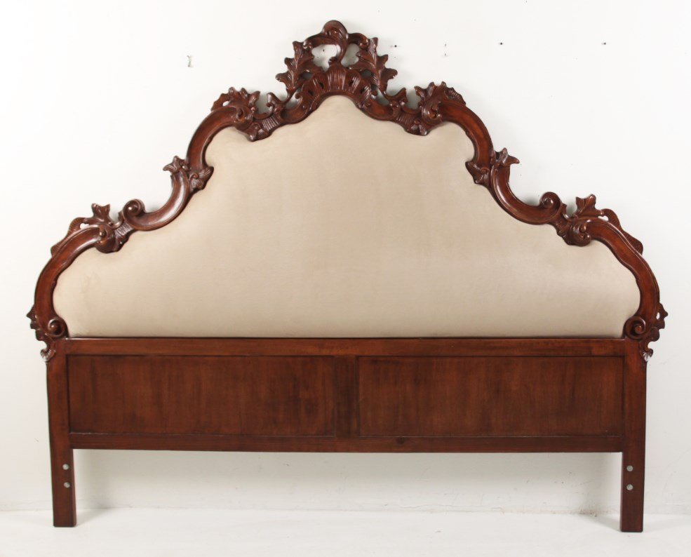 CUSTOM ITALIAN WALNUT VENETIAN STYLE HEADBOARD: CUSTOM ITALIAN WALNUT VENETIAN STYLE HEADBOARD HAVING FAUX PSUEDO SUEDE UPHOLSTERED BACK; 68"H X 79"W