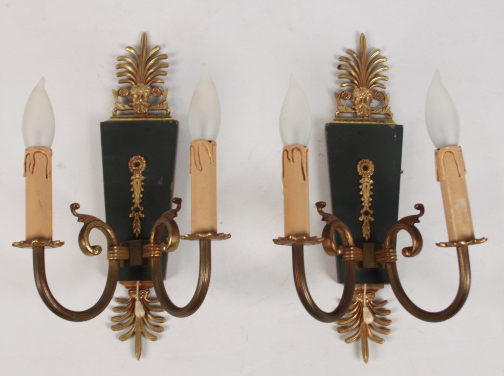 PAIR OF FRENCH EMPIRE STYLE 2 LIGHT SCONCES: PAIR OF FRENCH EMPIRE STYLE GILT METAL 2 LIGHT SCONCES; 14"H X 8"W X 5.5"D