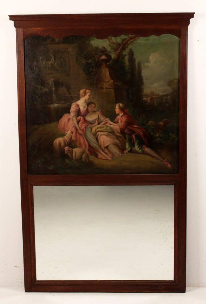 FRENCH PROVINCIAL OAK FRAMED TRUMEAU MIRROR: FRENCH PROVINCIAL OAK FRAMED TRUMEAU MIRROR HAVING OIL ON CANVAS COURTING SCENE PAINTING OF FIGURES IN A LANDSCAPE; 66.5"H X 42"W