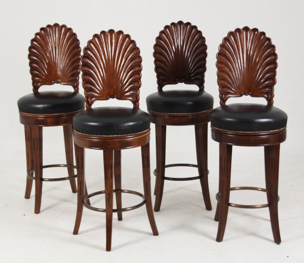 SET OF 4 ITALIAN MADE MAHOGANY BAR STOOLS: SET OF 4 ITALIAN MADE MAHOGANY SWIVEL BAR STOOLS WITH SHELL CARVED BACKS; 47"H X OVERALL, 28.5"H SEAT HEIGHT