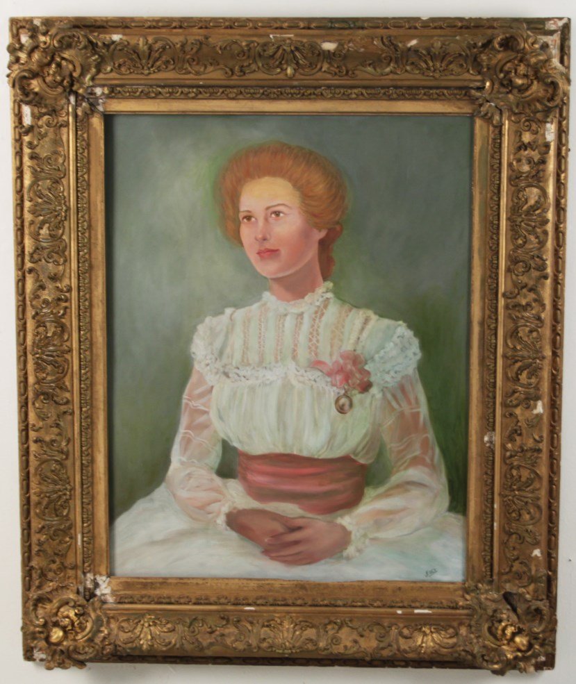 KISER, LARGE PASTEL ON CANVAS PORTRAIT: LARGE PASTEL ON CANVAS PORTRAIT OF A WOMAN IN AN ORNATE 19TH C. GOLD GILT FRAME SIGNED LOWER RIGHT KISER; 50"H X 41"W OVERALL; CONDITION: FRAME AS FOUND