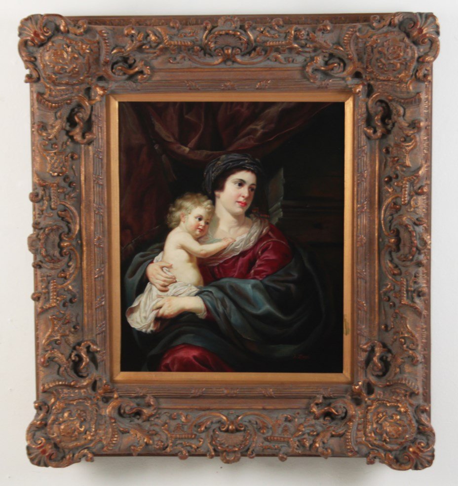 DECORATIVE OIL ON CANVAS PAINTING OF MOTHER AND CHILD: DECORATIVE OIL ON CANVAS PAINTING OF MOTHER WITH CHILD IN ORNATE BAROQUE DESIGN FRAME, 20TH C.; 39"H X 35"W OVERALL