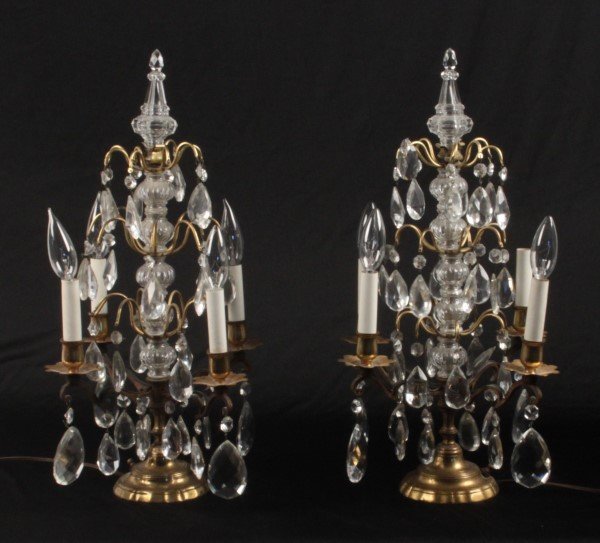 PAIR OF GILT METAL AND CRYSTAL 4 LIGHT CANDELABRA: PAIR OF METAL AND CRYSTAL 4 LIGHT CANDELABRA, NOW ELECTRIFIED; 22"H