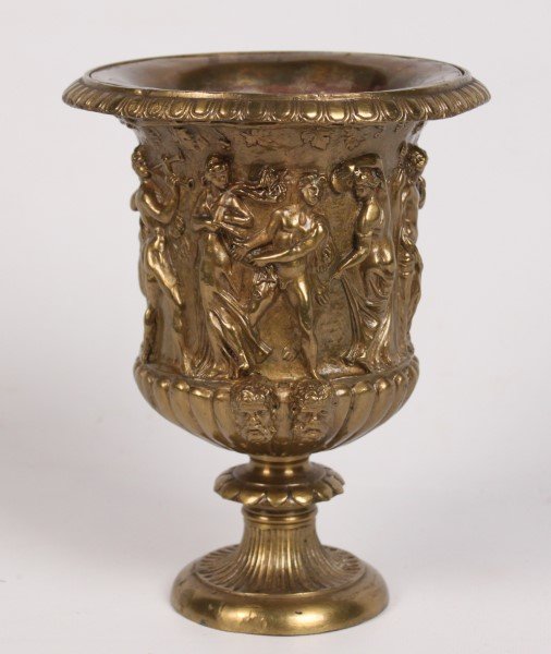 SMALL FRENCH EMBOSSED BRONZE URN: SMALL FRENCH EMBOSSED CLASSICAL BRONZE URN WITH METAL LINER; 7.5"H X 6"W