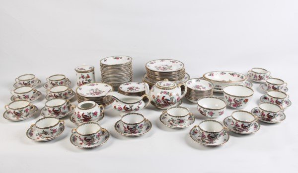 116 PIECE ENGLISH WHIELDON WARE DINNER SERVICE: 116 PIECE PHEASANT PATTERN DINNER SERVICE READING ON THE REVERSE, "WHIELDON WARE, F.WINKLE & CO. ENGLAND", CONSISTING OF 8-10" DINNER PLATES, 12-8" LUNCHEON PLATES, 12 BREAD AND BUTTER PLATES, 12 FRUI