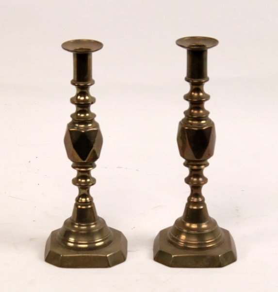 PAIR OF ENGLISH "PRINCESS OF DIAMOND BRASS": PAIR OF ENGLISH "PRINCESS OF DIAMOND" BRASS CANDLESTICKS WITH PUSH UPS; 11"H