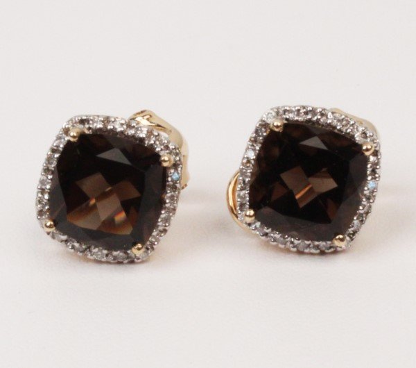 PAIR OF 14K GOLD SMOKY QUARTZ AND DIAMOND EARRINGS: PAIR OF 14K YELLOW GOLD SMOKY QUARTZ AND DIAMOND EARRINGS HAVING 0.22 CTW DIAMONDS AND 6.3 CTW SMOKY QUARTZ; EACH 9MM X 9MM