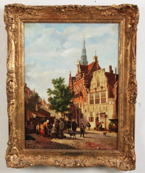 W. DOMMERSEN, OIL ON PANEL EUROPEAN STREET SCENE: OIL ON PANEL OF EUROPEAN STREET SCENE INITIAL LOWER RIGHT W.D. WITH PLAQUE READING W. DOMMERSEN, MOST LIKELY LATE 19TH/EARLY 20TH C.; 15.5"H X 11.5"W PANEL, 19.5"H X 15.5"W FRAMED; CONDITION: SHOWS WE