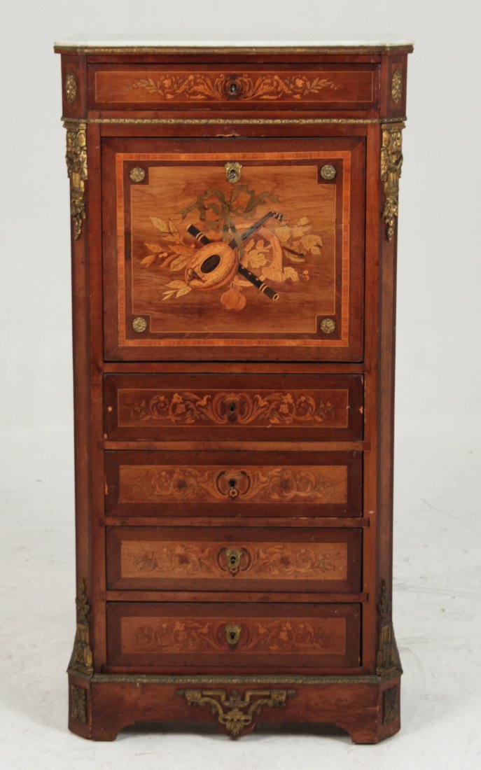 BRONZE MOUNTED FRENCH MARQUETRY INLAID ESCRITOIRE: BRONZE MOUNTED FRENCH MARQUETRY INLAID ESCRITOIRE WITH WHITE MARBLE TOP OVER OAK LINE MARQUETRY INLAID LOCKING GRADUATING DRAWERS HAVING A FALL FRONT SECRETAIRE DOOR WITH MUSICAL INSTRUMENTS INAID IN 