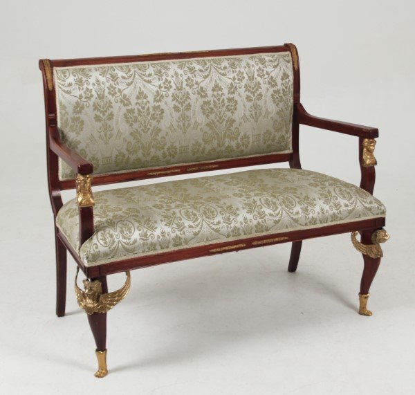 FRENCH EMPIRE STYLE MAHOGANY BRONZE MOUNTED SETTEE: FRENCH EMPIRE STYLE MAHOGANY AND BRONZE MOUNTED SETTEE WITH WINGED GRIFFIN SUPPORTS; 38"H X 43"W X 28"D