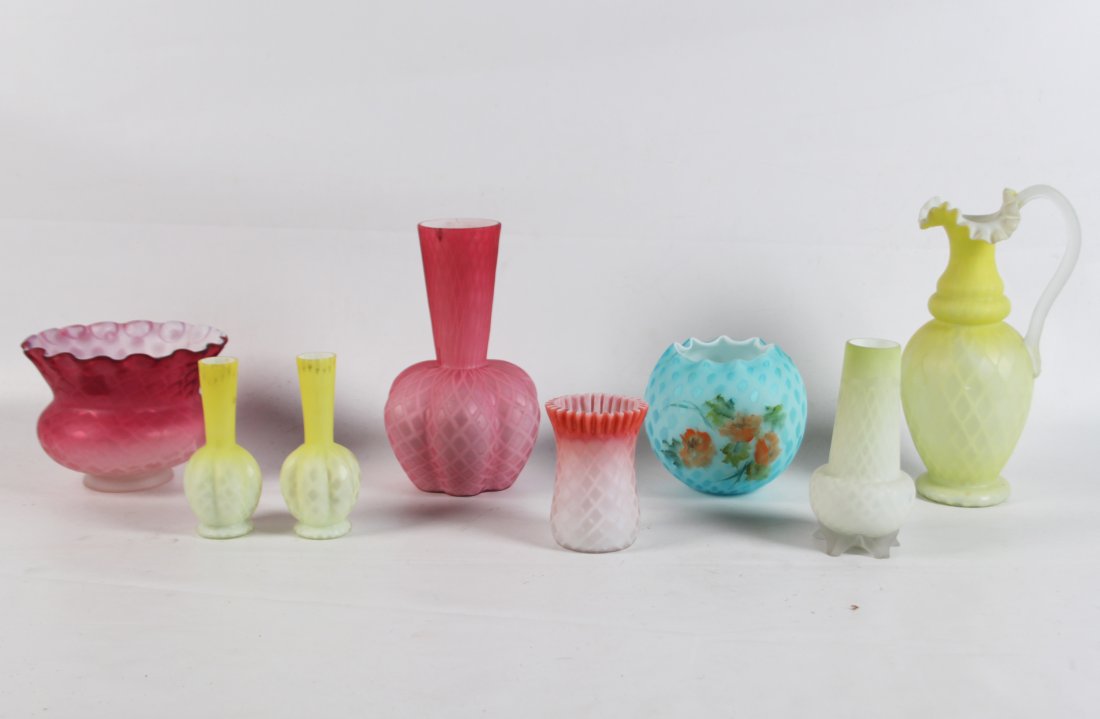MISCELLANEOUS LOT OF 8 PIECES OF AMERICAN QUILTED: MISCELLANEOUS LOT OF 8 PIECES OF AMERICAN QUILTED SATIN GLASS, ALL WITH PONTIL MARK ON REVERSE EXCEPT FOR PAIR OF SMALL YELLOW GOURD SHAPED VASES AND FOOTED YELLOW VASE; 10"H PINK BULBOUS VASE; CONDIT