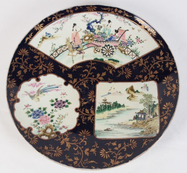 18" ORIENTAL PORCELAIN CHARGER: 18" ORIENTAL PORCELAIN CHARGER WITH TRI-PAINTED VIGNETTES SURROUNDED BY A COBALT GROUND AND GOLD FLORAL DESIGN; 18"DIA