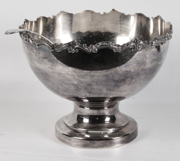 SILVER PUNCH BOWL WITH ENGLISH HALLMARKED LADEL: SILVER PUNCH BOWL WITH ENGLISH HALLMARKED LADEL; 12"H X 16"W BOWL